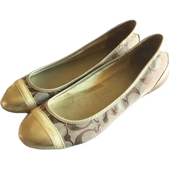 Coach Monogram Cecile Ballerina Slip On Flats Shoes Gold Leather Toes Size 6 NEW