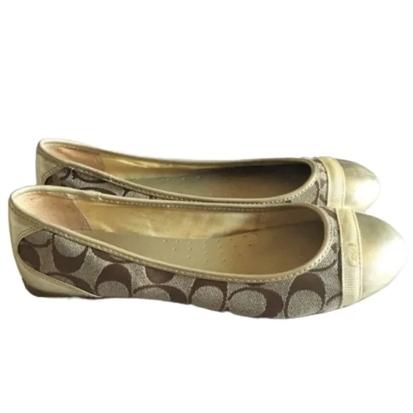 Coach Monogram Cecile Ballerina Slip On Flats Shoes Gold Leather Toes Size 6 NEW