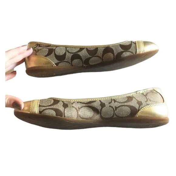 Coach Monogram Cecile Ballerina Slip On Flats Shoes Gold Leather Toes Size 6 NEW