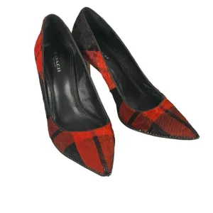 Coach Tamera Red Black Plaid Pony Hair Pointed Toe Pump Heel Shoes Sz 7.5