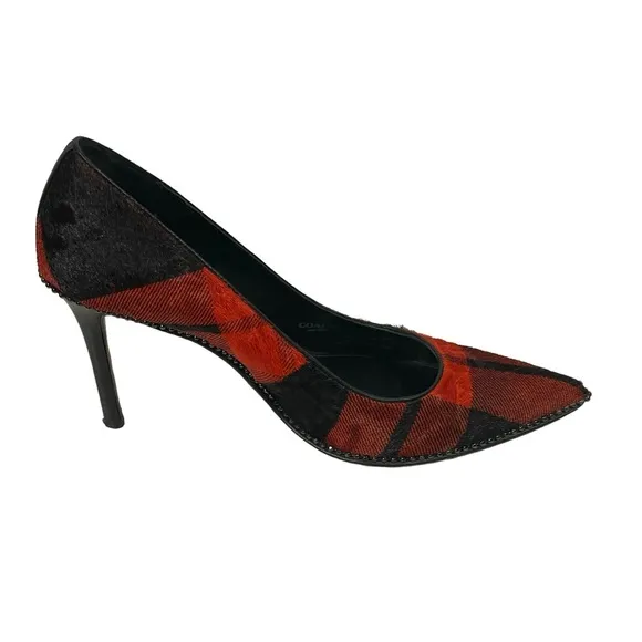Coach Tamera Red Black Plaid Pony Hair Pointed Toe Pump Heel Shoes Sz 7.5