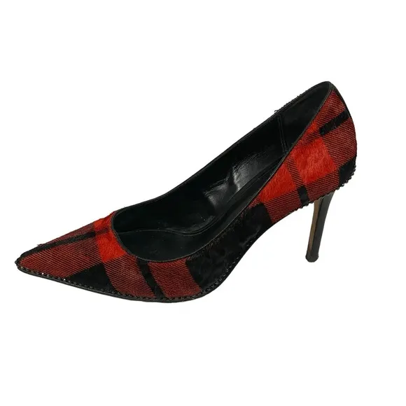 Coach Tamera Red Black Plaid Pony Hair Pointed Toe Pump Heel Shoes Sz 7.5