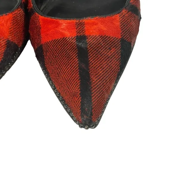 Coach Tamera Red Black Plaid Pony Hair Pointed Toe Pump Heel Shoes Sz 7.5