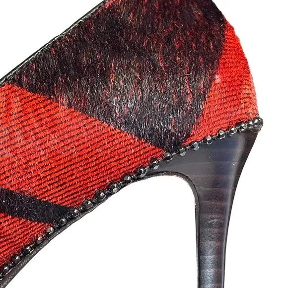 Coach Tamera Red Black Plaid Pony Hair Pointed Toe Pump Heel Shoes Sz 7.5
