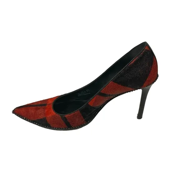 Coach Tamera Red Black Plaid Pony Hair Pointed Toe Pump Heel Shoes Sz 7.5