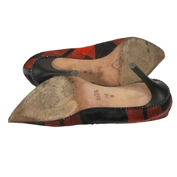 Coach Tamera Red Black Plaid Pony Hair Pointed Toe Pump Heel Shoes Sz 7.5