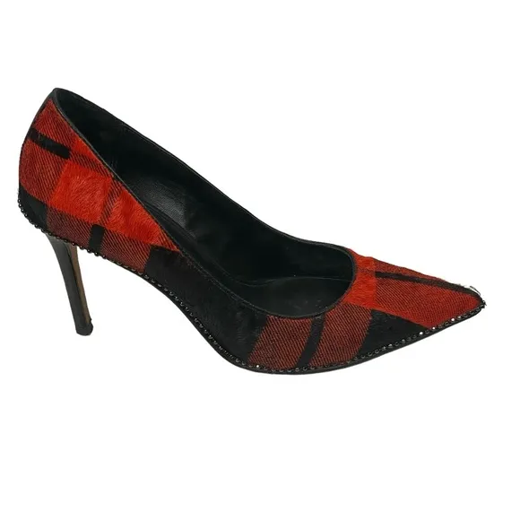 Coach Tamera Red Black Plaid Pony Hair Pointed Toe Pump Heel Shoes Sz 7.5