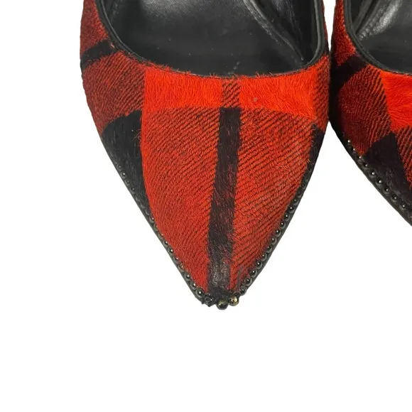 Coach Tamera Red Black Plaid Pony Hair Pointed Toe Pump Heel Shoes Sz 7.5