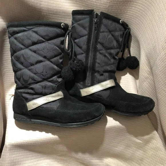 Coach women zip up black  pompom winter boots, 8.5