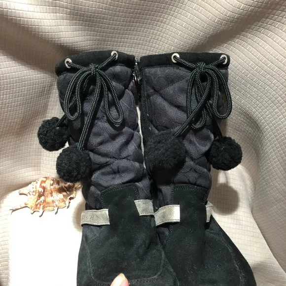 Coach women zip up black  pompom winter boots, 8.5