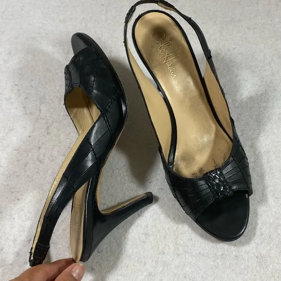Cole Haan leather Strappy Heels Shoes Black Open Rounded Toe Strap Heel …