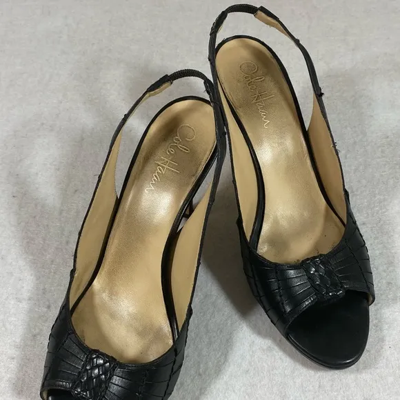 Cole Haan leather Strappy Heels Shoes Black Open Rounded Toe Strap Heel …