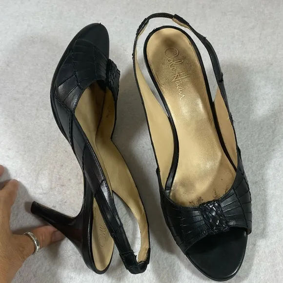 Cole Haan leather Strappy Heels Shoes Black Open Rounded Toe Strap Heel …