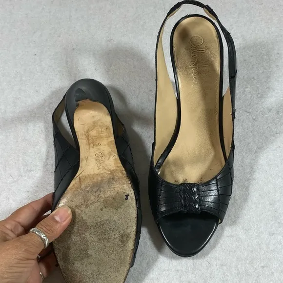 Cole Haan leather Strappy Heels Shoes Black Open Rounded Toe Strap Heel …