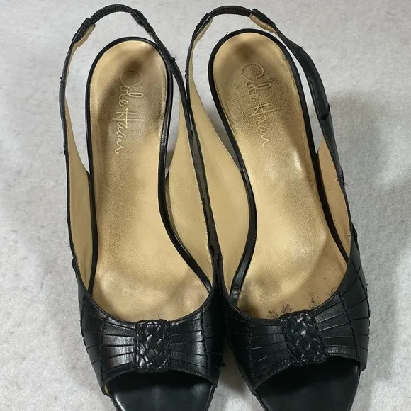 Cole Haan leather Strappy Heels Shoes Black Open Rounded Toe Strap Heel …