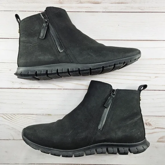 Cole Haan ZeroGrand Size 8.5 B Black Zip Ankle Boot Nubuck W18047‎ Waterproof