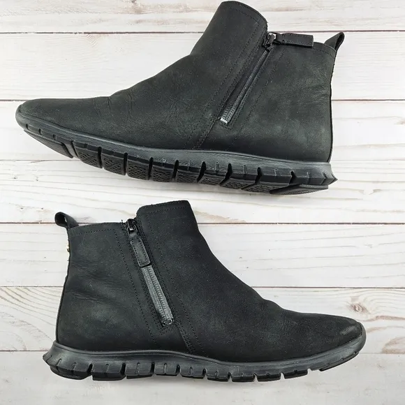 Cole Haan ZeroGrand Size 8.5 B Black Zip Ankle Boot Nubuck W18047‎ Waterproof