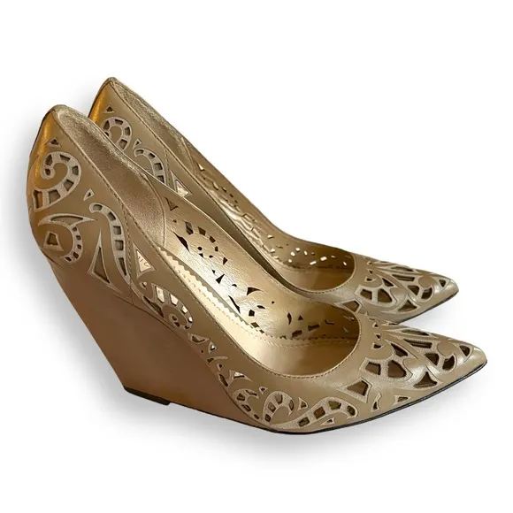 COPY - Jean Michel Cazabat Taupe Tan Laser Cut Leather Penelope Pointed Toe Wed…