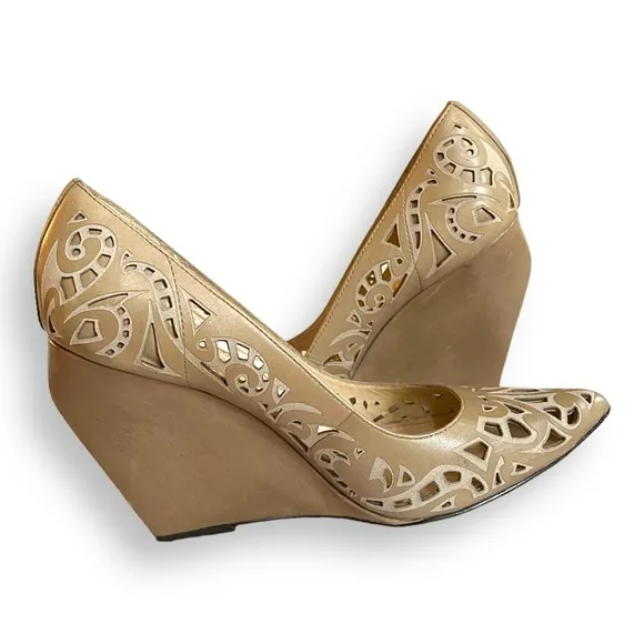 COPY - Jean Michel Cazabat Taupe Tan Laser Cut Leather Penelope Pointed Toe Wed…