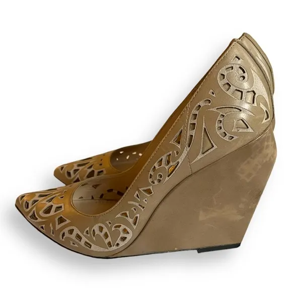COPY - Jean Michel Cazabat Taupe Tan Laser Cut Leather Penelope Pointed Toe Wed…