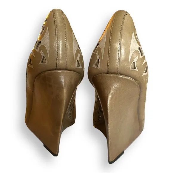 COPY - Jean Michel Cazabat Taupe Tan Laser Cut Leather Penelope Pointed Toe Wed…