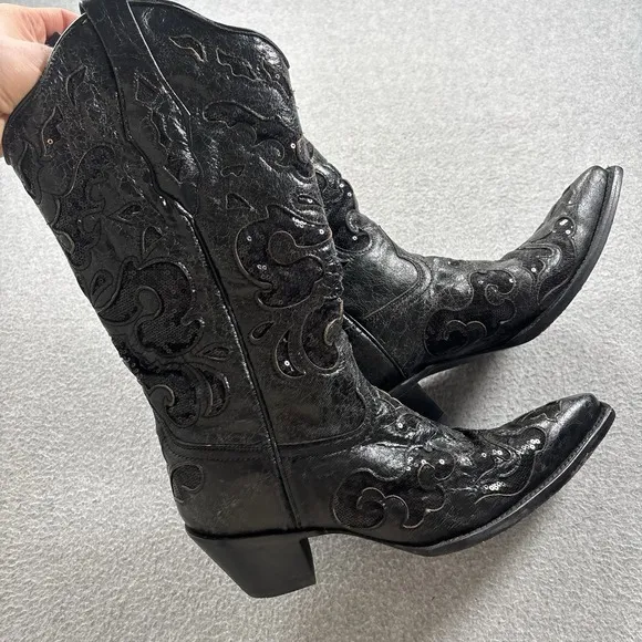 Corral A1070 Black Goat Leather Sequin Inlay Boots Women 9.5M Western Cowgirl