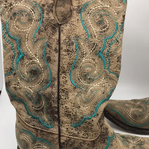 Corral Western Cowboy Boots Tan and Teal Blue Leather Women’s 6.5