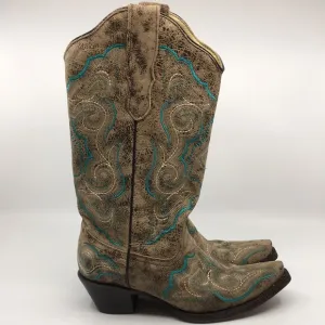 Corral Western Cowboy Boots Tan and Teal Blue Leather Women’s 6.5