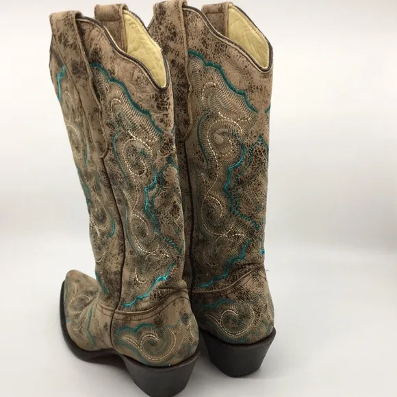 Corral Western Cowboy Boots Tan and Teal Blue Leather Women’s 6.5