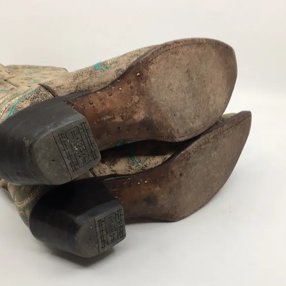 Corral Western Cowboy Boots Tan and Teal Blue Leather Women’s 6.5