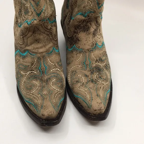 Corral Western Cowboy Boots Tan and Teal Blue Leather Women’s 6.5