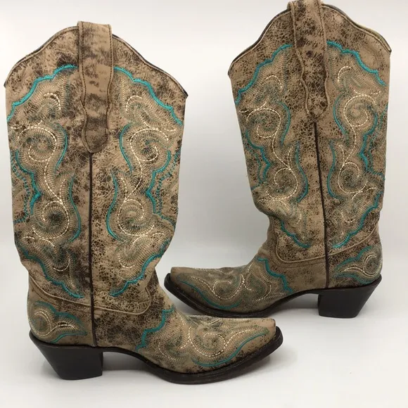 Corral Western Cowboy Boots Tan and Teal Blue Leather Women’s 6.5