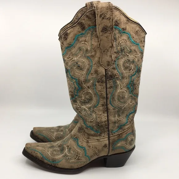 Corral Western Cowboy Boots Tan and Teal Blue Leather Women’s 6.5
