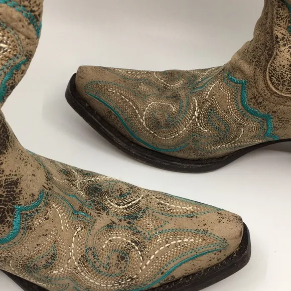 Corral Western Cowboy Boots Tan and Teal Blue Leather Women’s 6.5