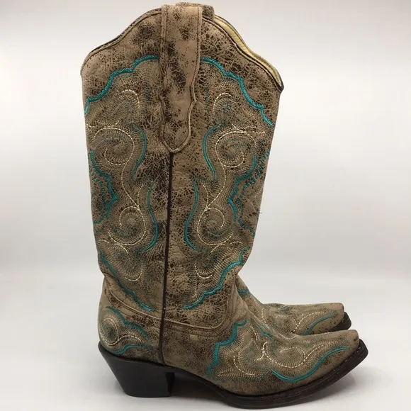 Corral Western Cowboy Boots Tan and Teal Blue Leather Women’s 6.5