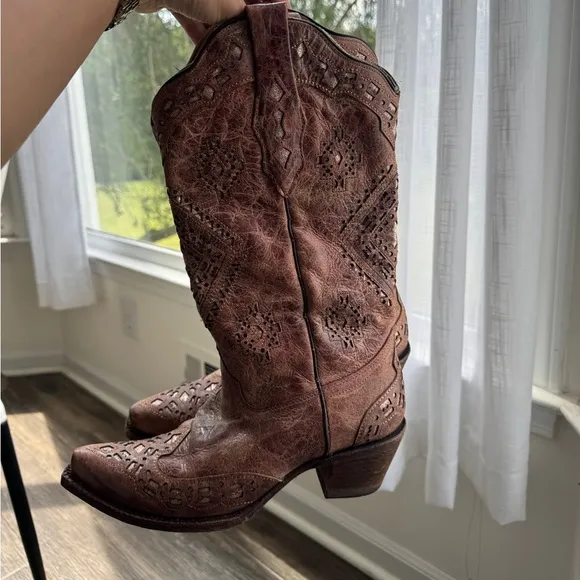 CORRAL WOMEN'S BROWN LEATHER GLITTER INLAY WESTERN BOOTS 8.5
