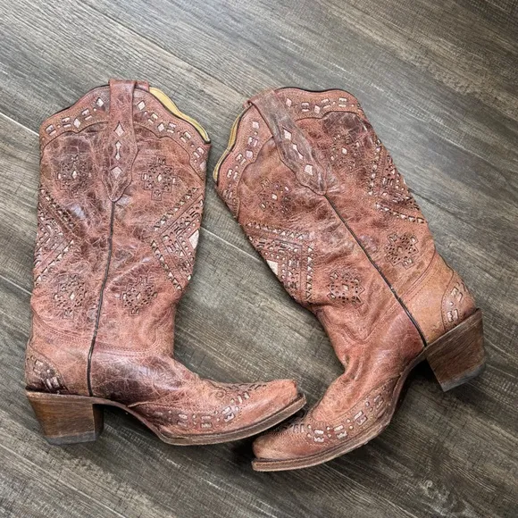 CORRAL WOMEN'S BROWN LEATHER GLITTER INLAY WESTERN BOOTS 8.5