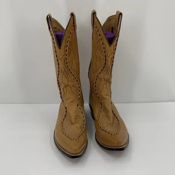Dan Post Western Cowboy boots tan brown leather stitch vintage pull-on men 9.5