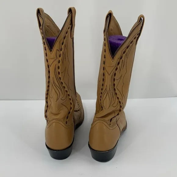 Dan Post Western Cowboy boots tan brown leather stitch vintage pull-on men 9.5