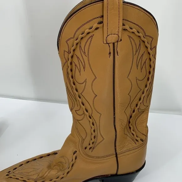Dan Post Western Cowboy boots tan brown leather stitch vintage pull-on men 9.5