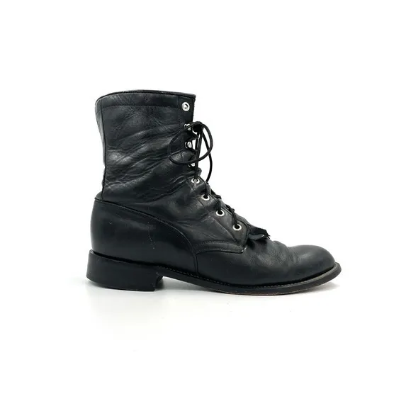 Diamond J Black Leather Roper Kiltie Lace Up Western Boots Men’s Size 9