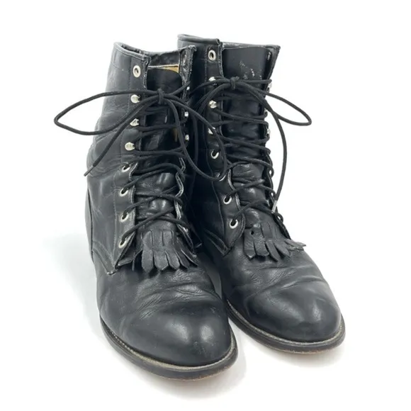 Diamond J Black Leather Roper Kiltie Lace Up Western Boots Men’s Size 9