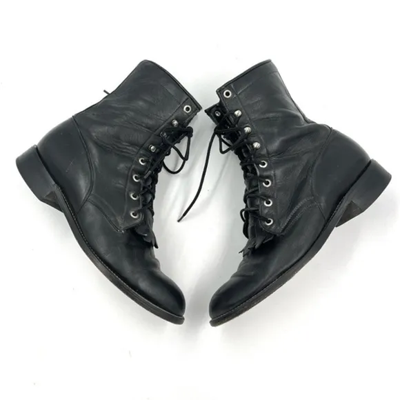 Diamond J Black Leather Roper Kiltie Lace Up Western Boots Men’s Size 9