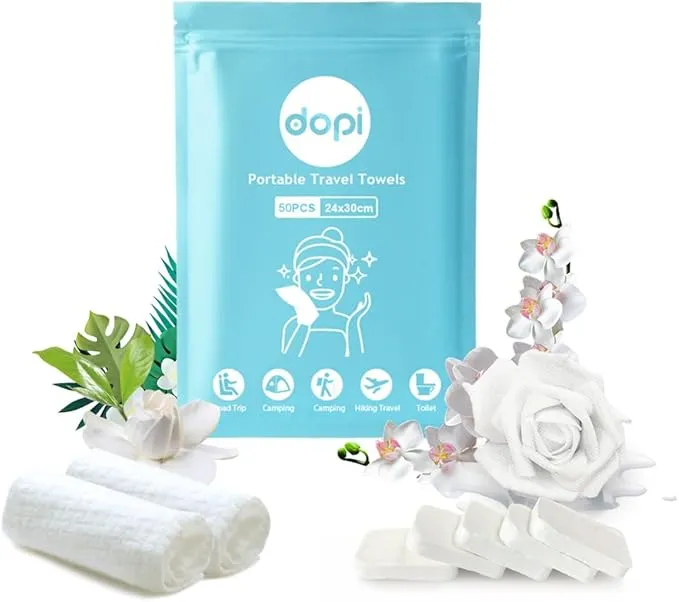 Disposable Face Towel, DOPI Camping Towel, Large Thick, Travel Towel, Magic Hiking Compress Wipes Washcloth Towelettes Tablets, Portable Disposable Reusable Pocket Beach Face Towel (50)