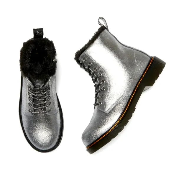 Dr Martens Boots Metallic Silver Coated Leather Casual Kids Shoes Toddler Girl 8
