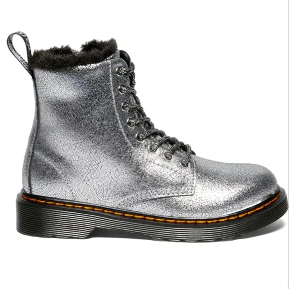 Dr Martens Boots Metallic Silver Coated Leather Casual Kids Shoes Toddler Girl 8
