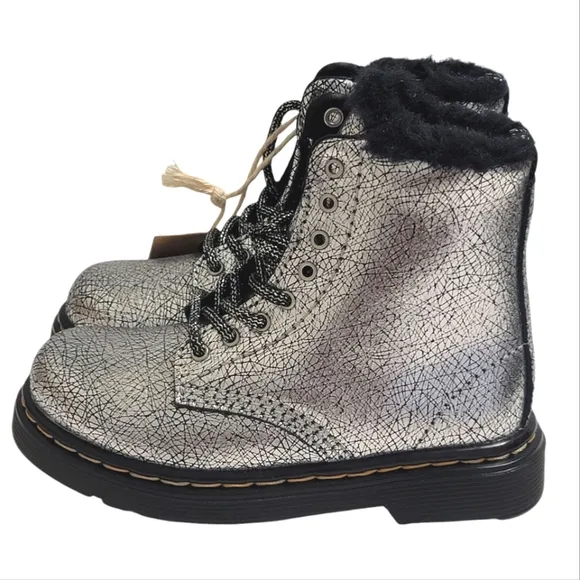 Dr Martens Boots Metallic Silver Coated Leather Casual Kids Shoes Toddler Girl 8