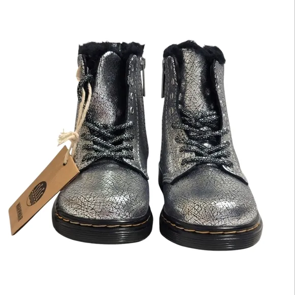 Dr Martens Boots Metallic Silver Coated Leather Casual Kids Shoes Toddler Girl 8