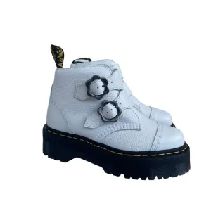 Dr. Martens Women’s Devon Flower Buckle White Pebbled Leather Platform Boots