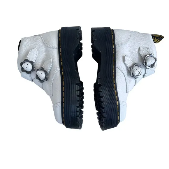 Dr. Martens Women’s Devon Flower Buckle White Pebbled Leather Platform Boots
